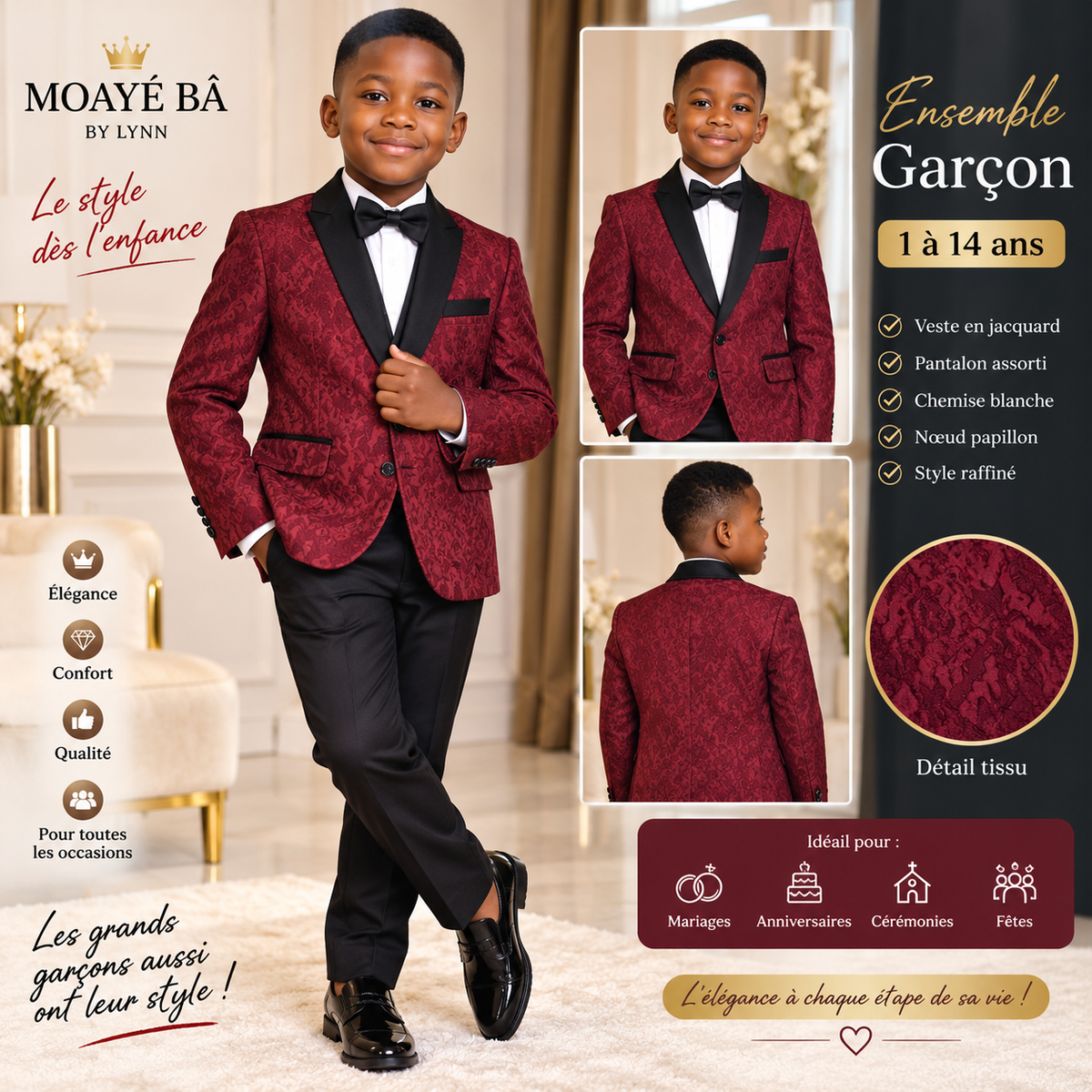 Ensemble garçon costume veste jacquard bordeaux et pantalon noir