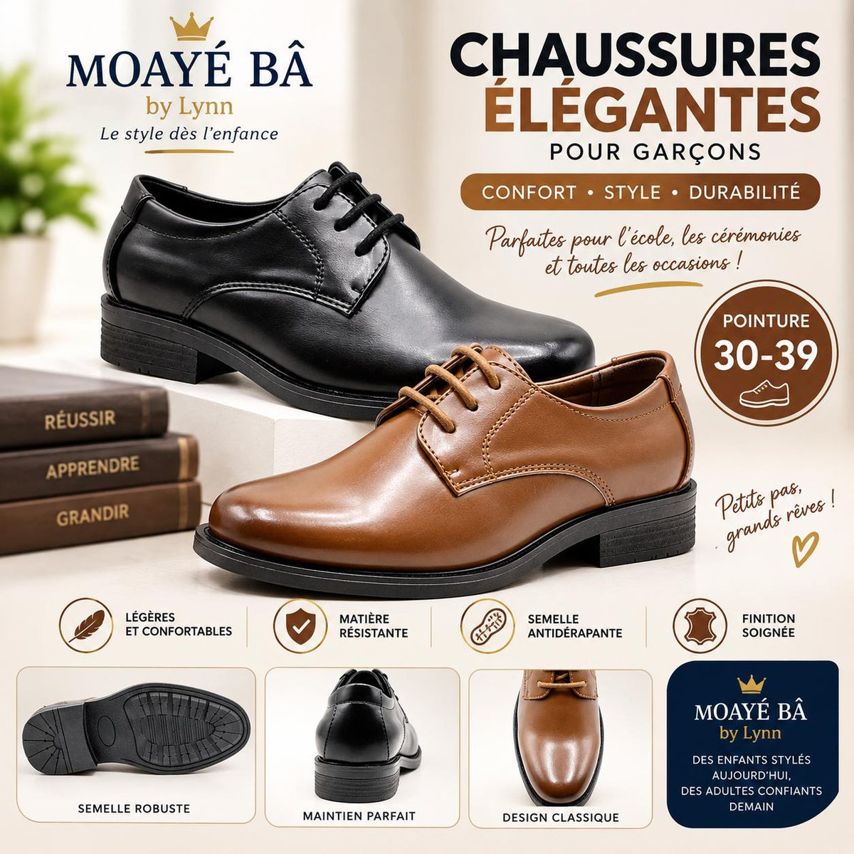Chaussures à lacets pour garçon AH992 en noir et marron, pointures 30 à 39