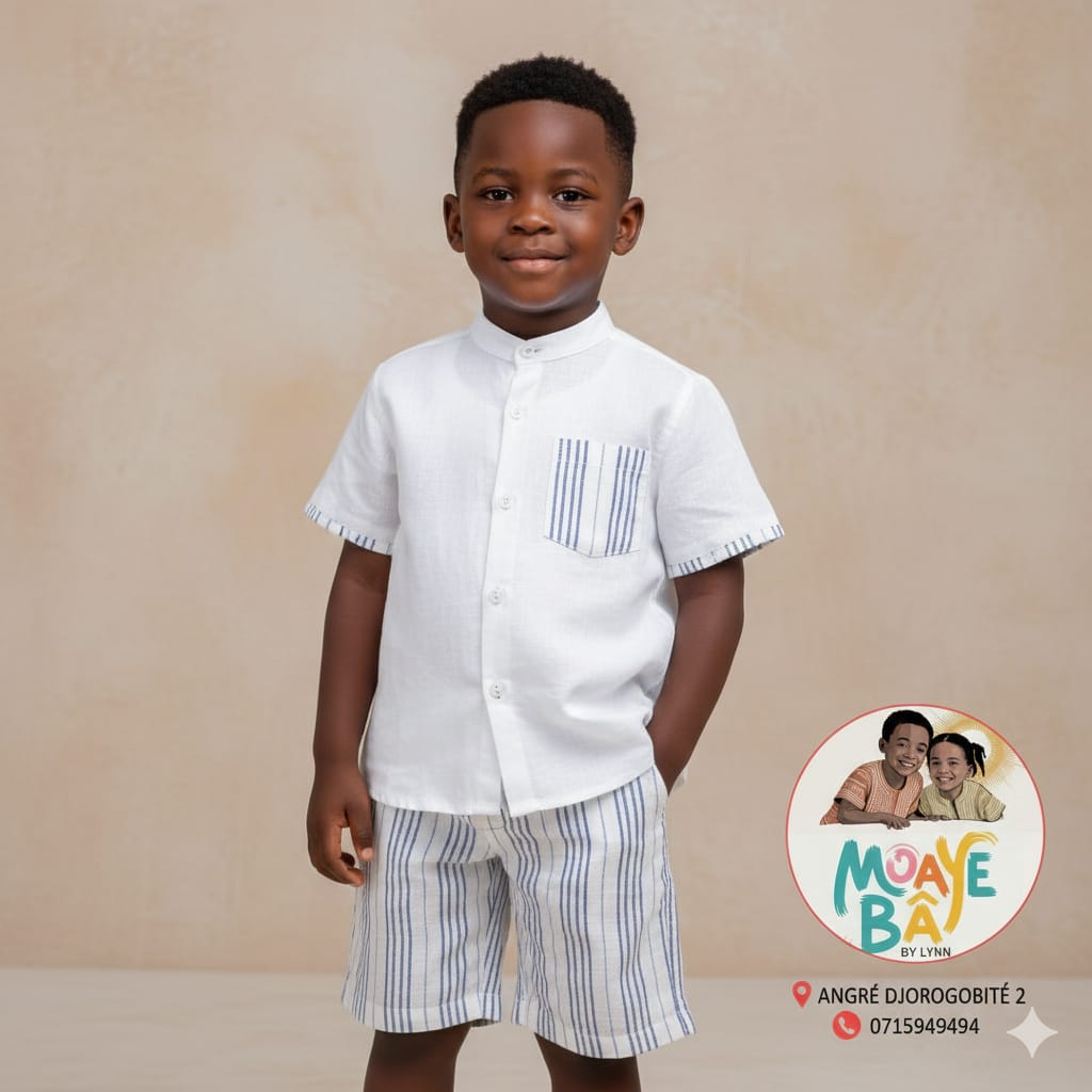 Ensemble Chemise & Short Rayé Garçon – Col Mao (Promotion)