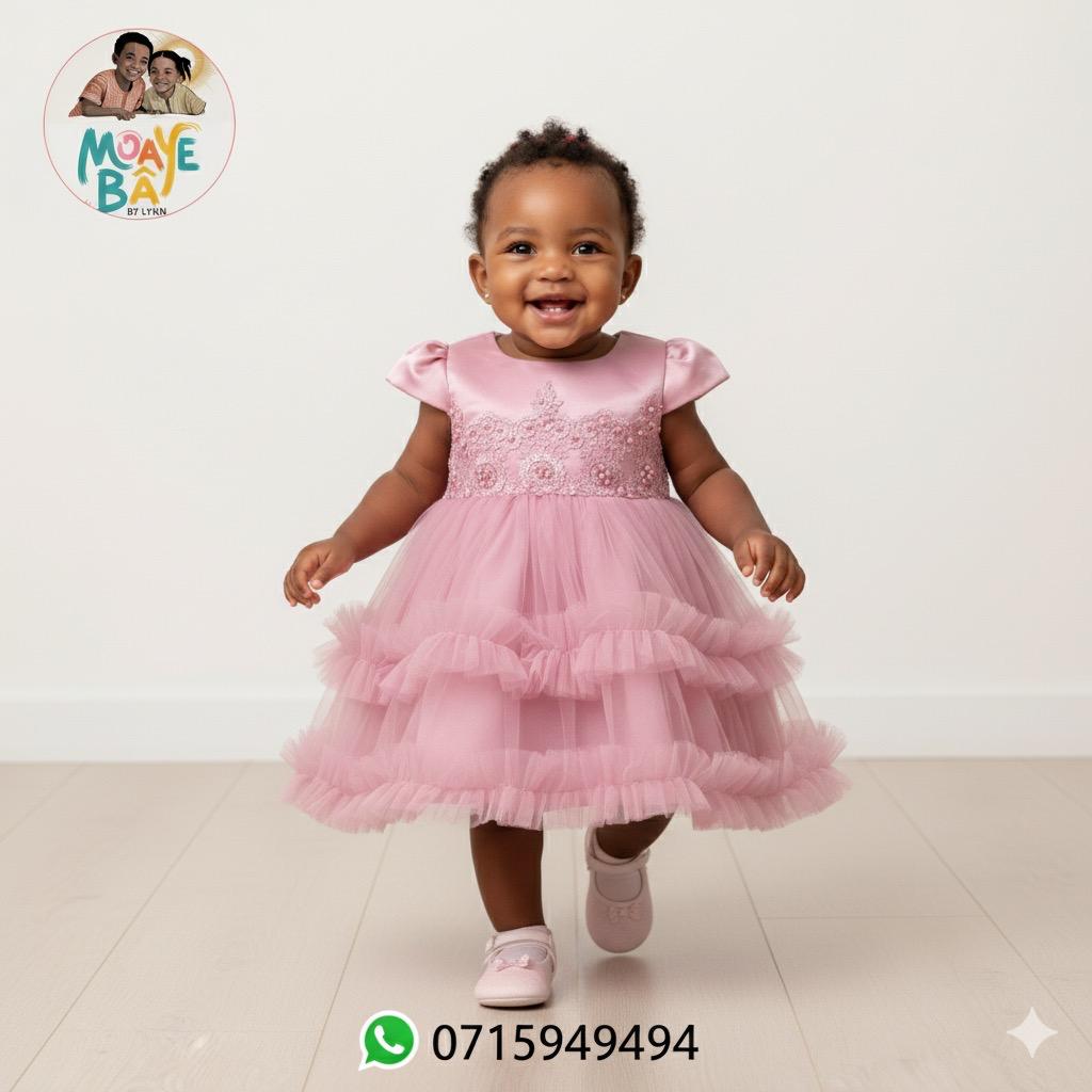 Robe de Cérémonie Bébé Fille – Tulle Multicouches (Rose & Blanc) (Promotion)