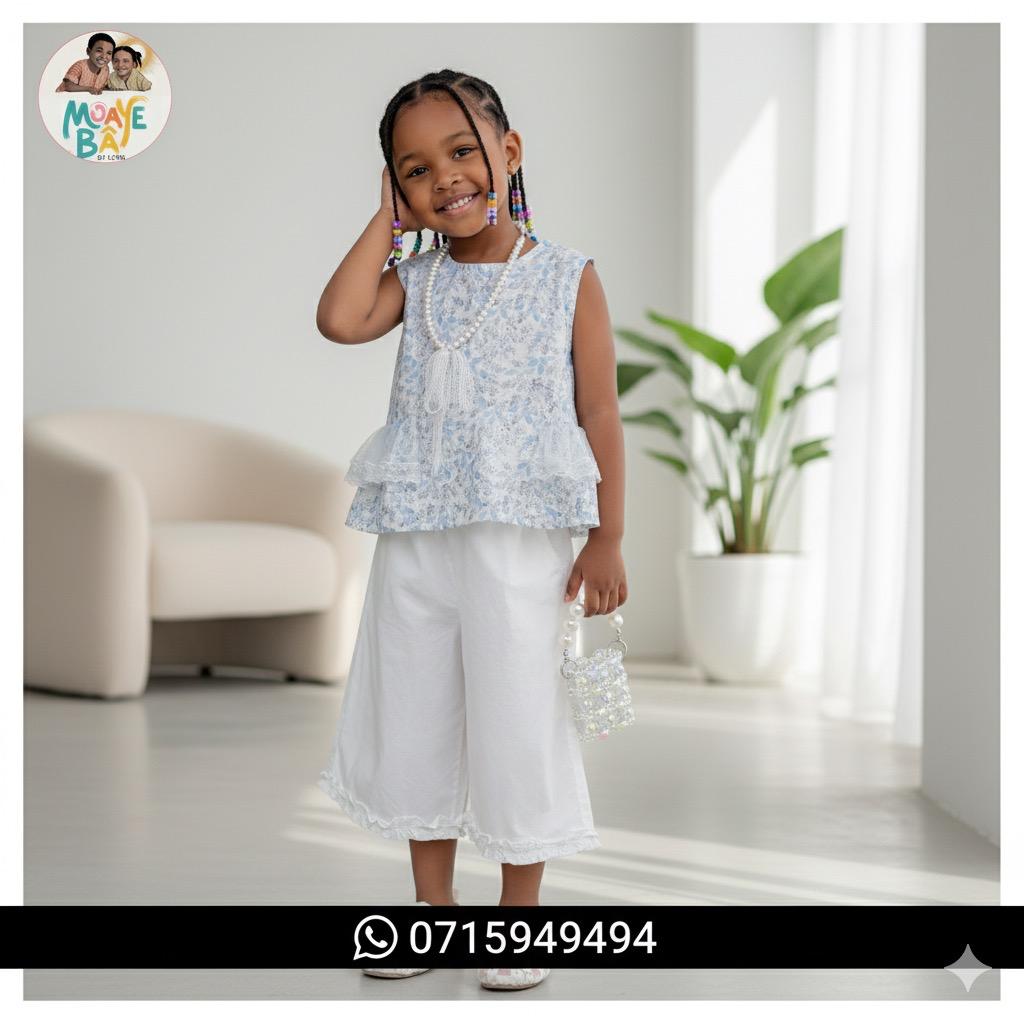 Ensemble Fille Dentelle Bleu & Pantalon Blanc – Promotion