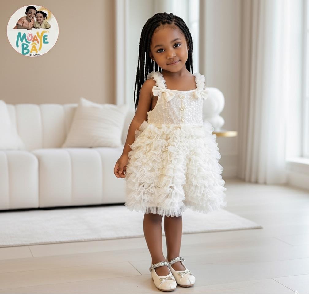 Robe Cérémonie Fille Ivoire à Volants & Nœuds