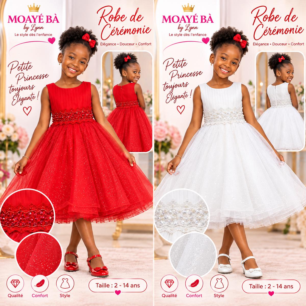 Robe de cérémonie pour enfant en rouge et en blanc, jupe ample en tulle et détails décoratifs à la taille, tailles 2 à 14 ans