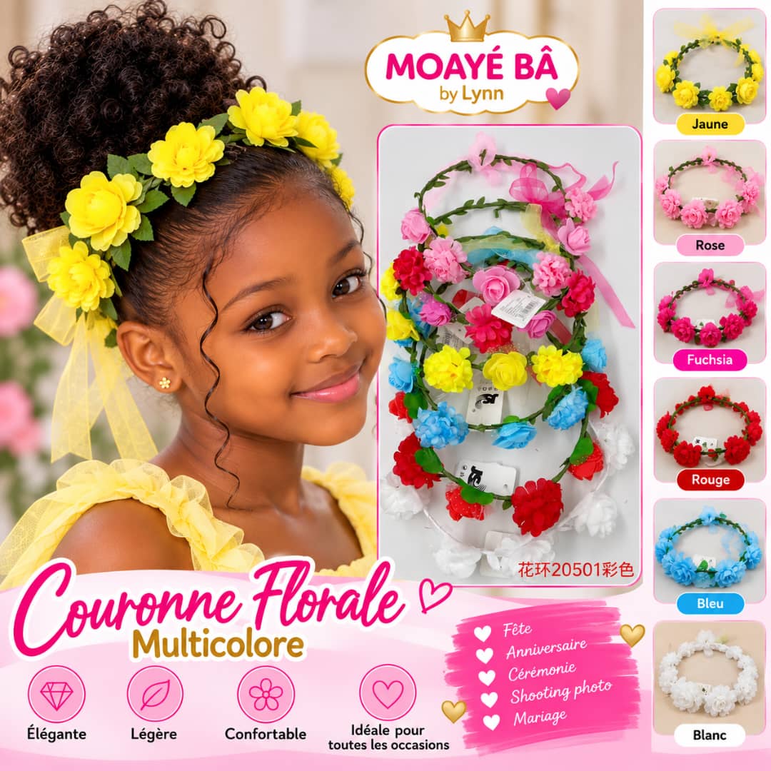 Couronnes de fleurs pour fille en jaune, rose, fuchsia, rouge, bleu et blanc, référence 20501CP