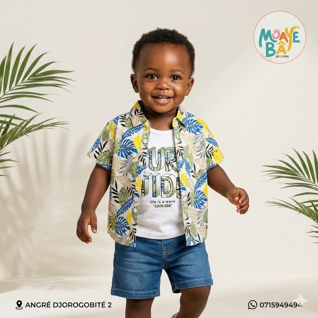 Ensemble Tropical Garçon – Chemise Imprimée & Short Jean