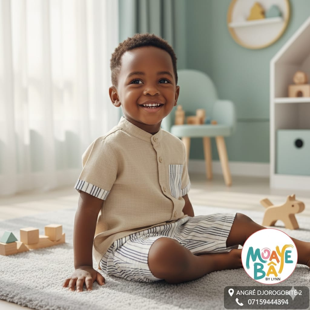 Ensemble Chemise & Short Rayé Garçon – Col Mao (Promotion)