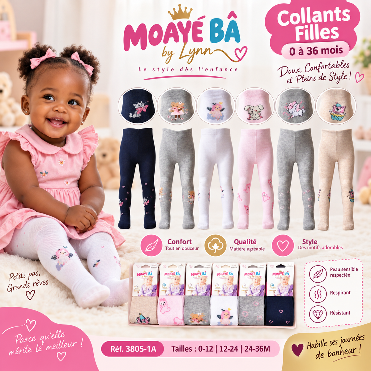 Collants bébé fille à motifs en plusieurs coloris, tailles 0 à 36 mois, référence 3805-1A.