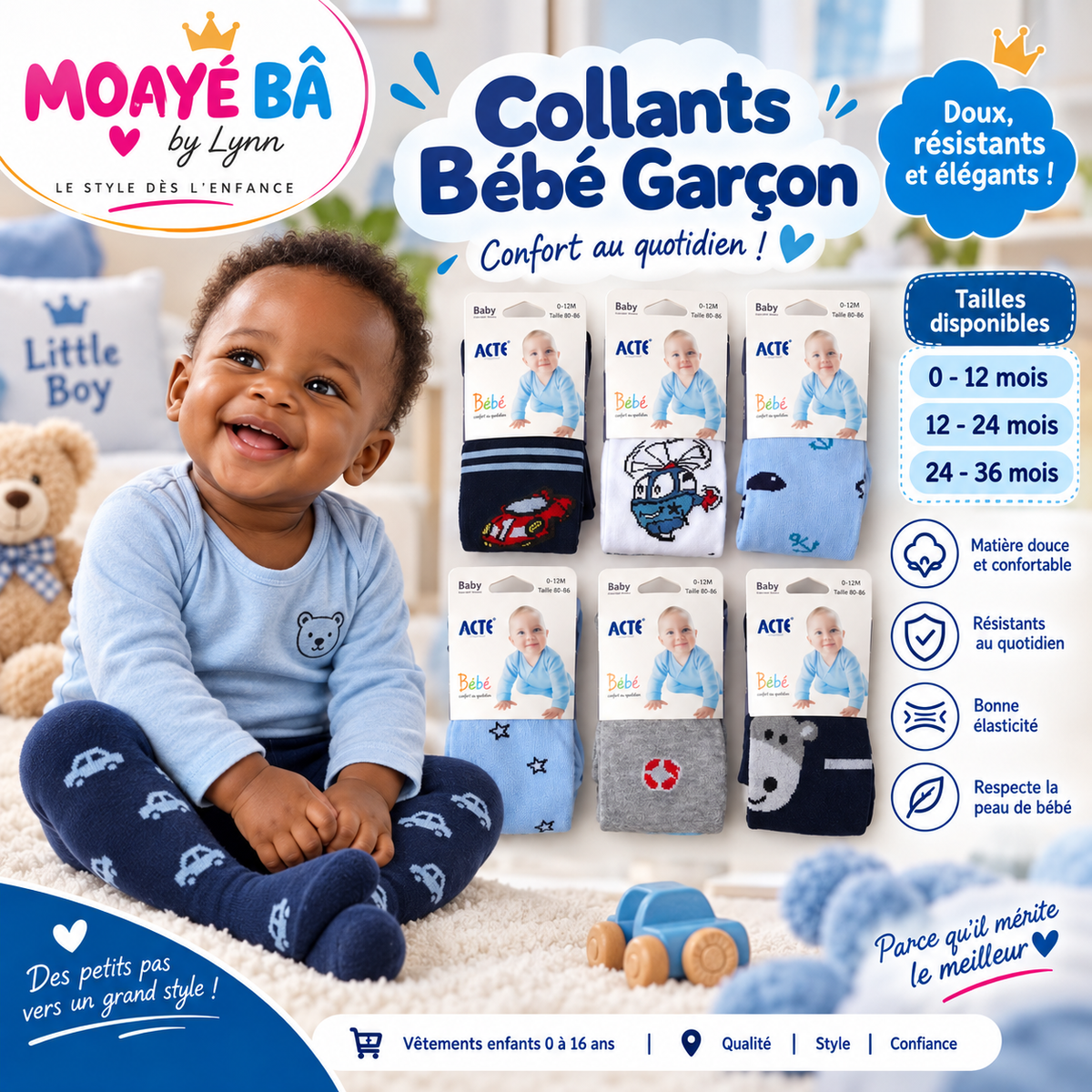 Collants bébé garçon en plusieurs coloris et motifs, tailles de 0 à 36 mois.