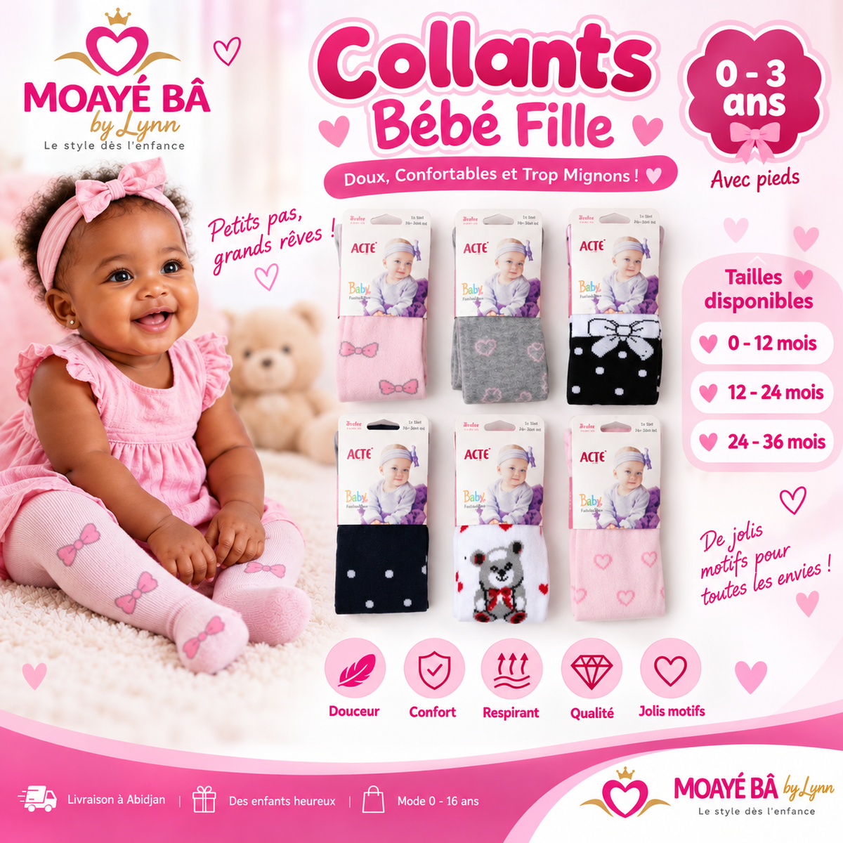 Collants bébé fille avec pieds à motifs, plusieurs coloris, tailles de 0 à 36 mois, référence 3805-2A.