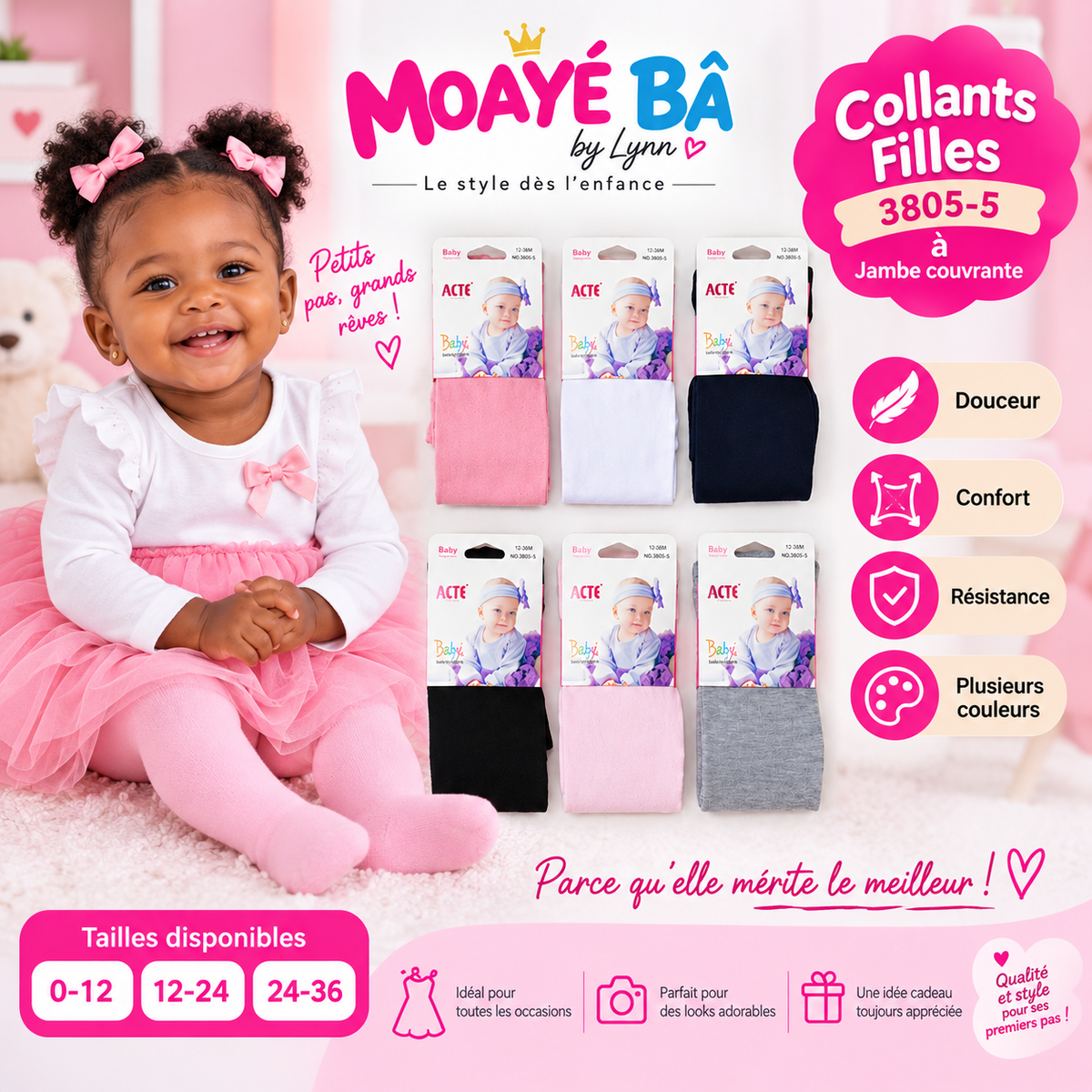 Collants pour bébé fille 3805-5 en plusieurs coloris, présentés avec une enfant portant des collants roses.