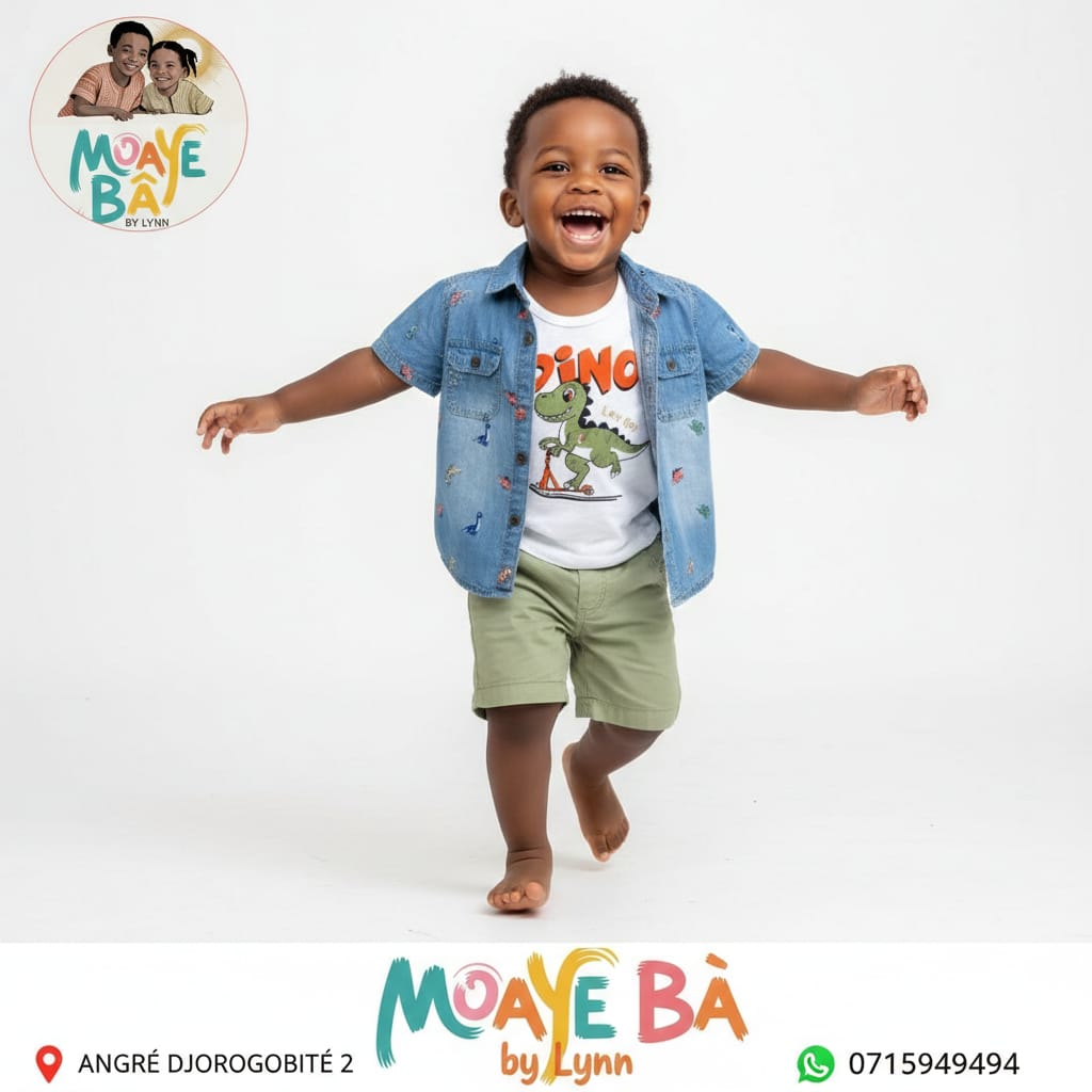 Ensemble 3 pièces Garçon – Chemise Jean Dinosaures, T-shirt Dino & Short Kaki