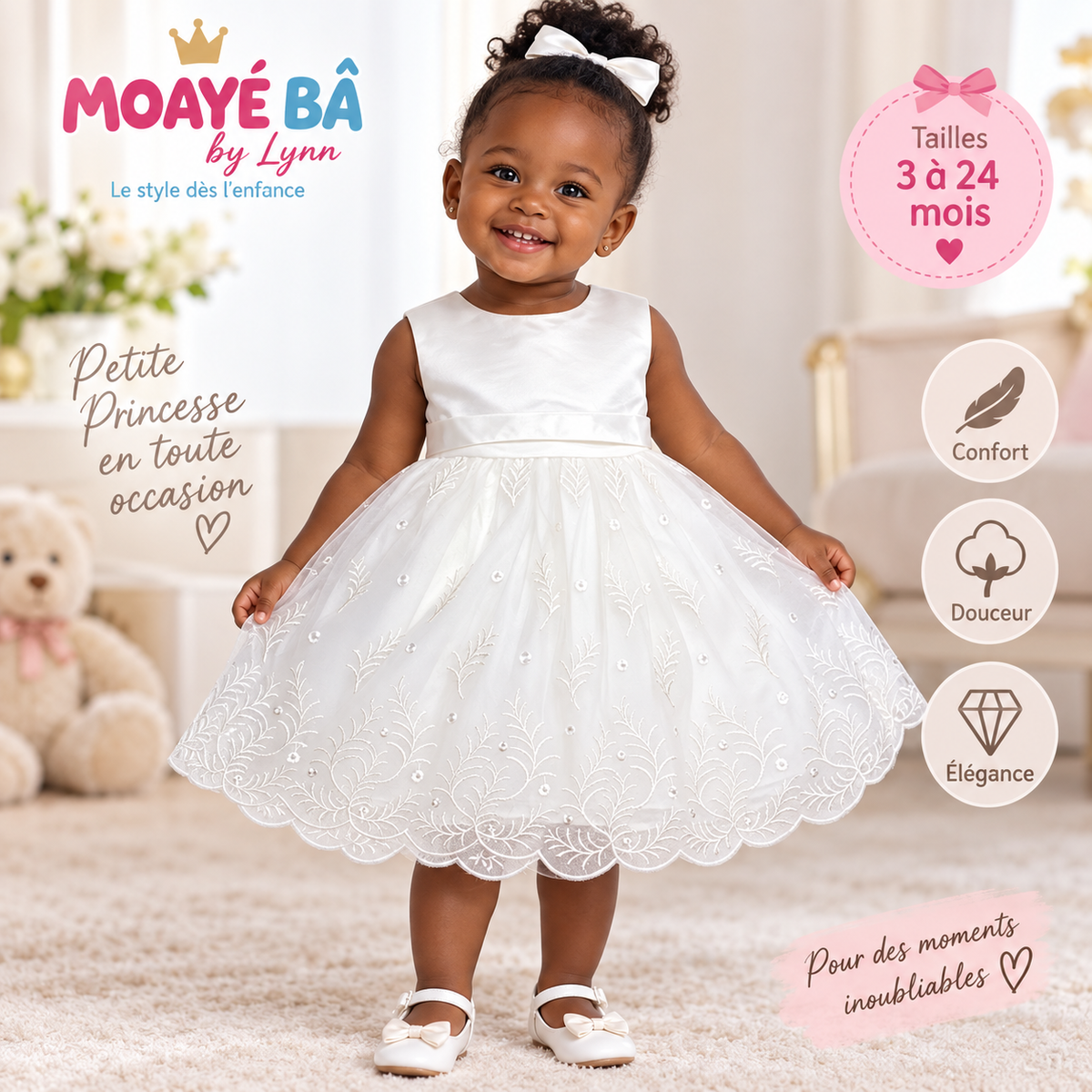 Robe de cérémonie blanche bébé fille avec motifs floraux brodés et bordure festonnée, référence 4529.