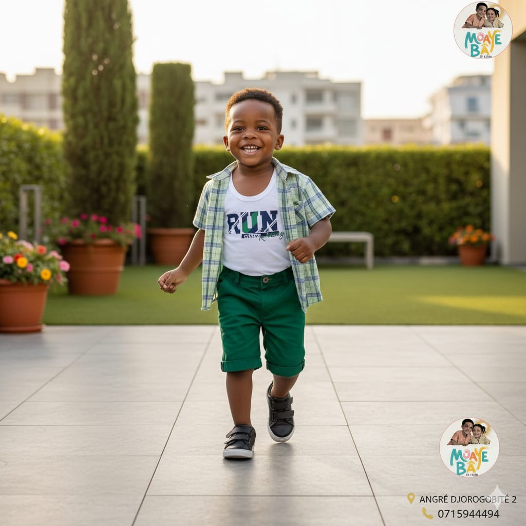 Ensemble 3 Pièces Garçon – T-shirt RUN + Chemise à Carreaux + Short (Promotion)