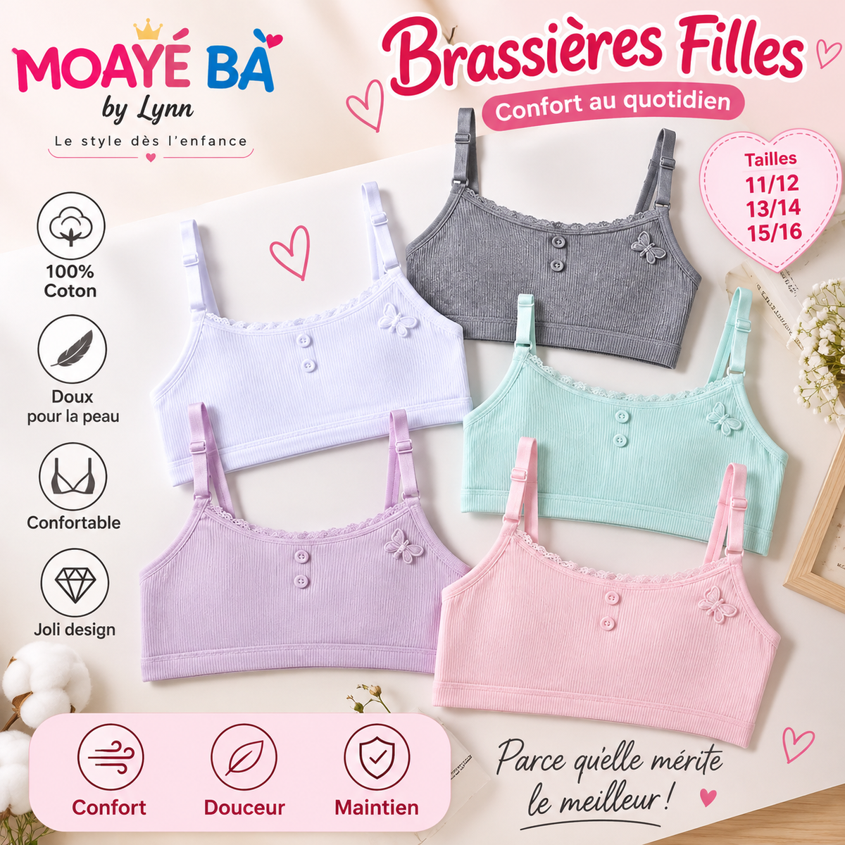 Brassières filles côtelées avec bretelles réglables et motif papillon, en blanc, gris, vert menthe, lilas et rose.