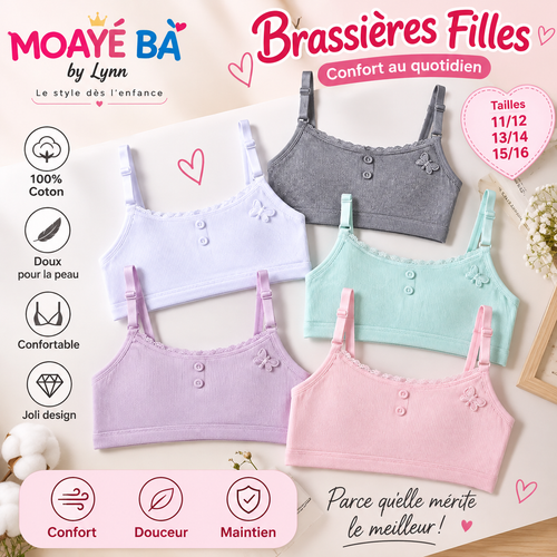Brassières filles côtelées avec bretelles réglables et motif papillon, en blanc, gris, vert menthe, lilas et rose.