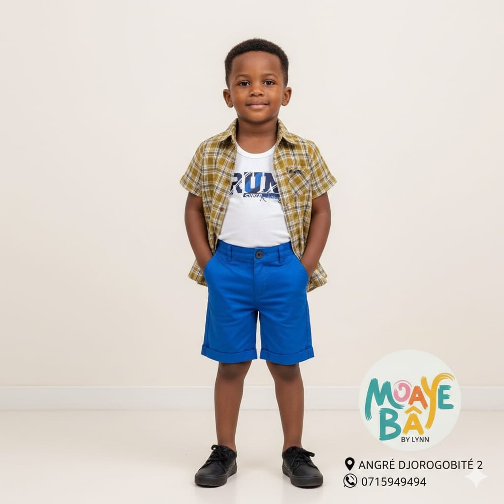 Ensemble 3 Pièces Garçon – T-shirt RUN + Chemise à Carreaux + Short (Promotion)