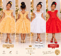 Robe de cérémonie pour fille en tulle à volants avec applications florales, en trois coloris : dorée, blanche et rouge, du 2 au 14 ans
