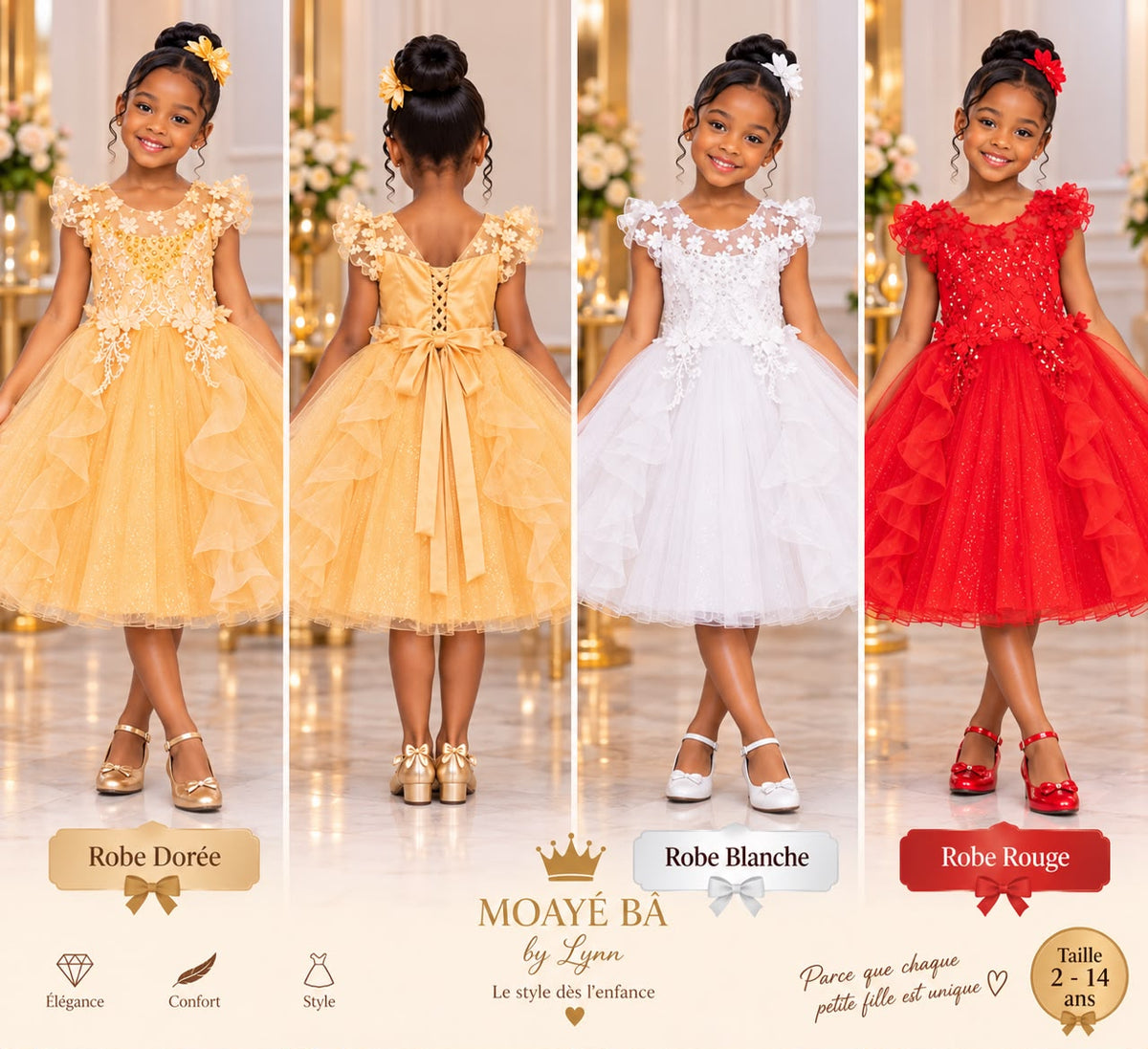Robe de cérémonie pour fille en tulle à volants avec applications florales, en trois coloris : dorée, blanche et rouge, du 2 au 14 ans