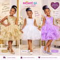 Trois robes de cérémonie fille à fleurs et volants, coloris doré, blanc et lilas, référence 8355
