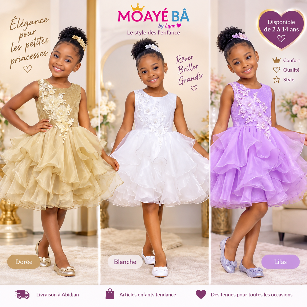 Trois robes de cérémonie fille à fleurs et volants, coloris doré, blanc et lilas, référence 8355