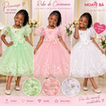 Robe de cérémonie pour fille avec manches bouffantes et détails floraux, présentée en vert menthe, rose et blanc, tailles 2 à 14 ans