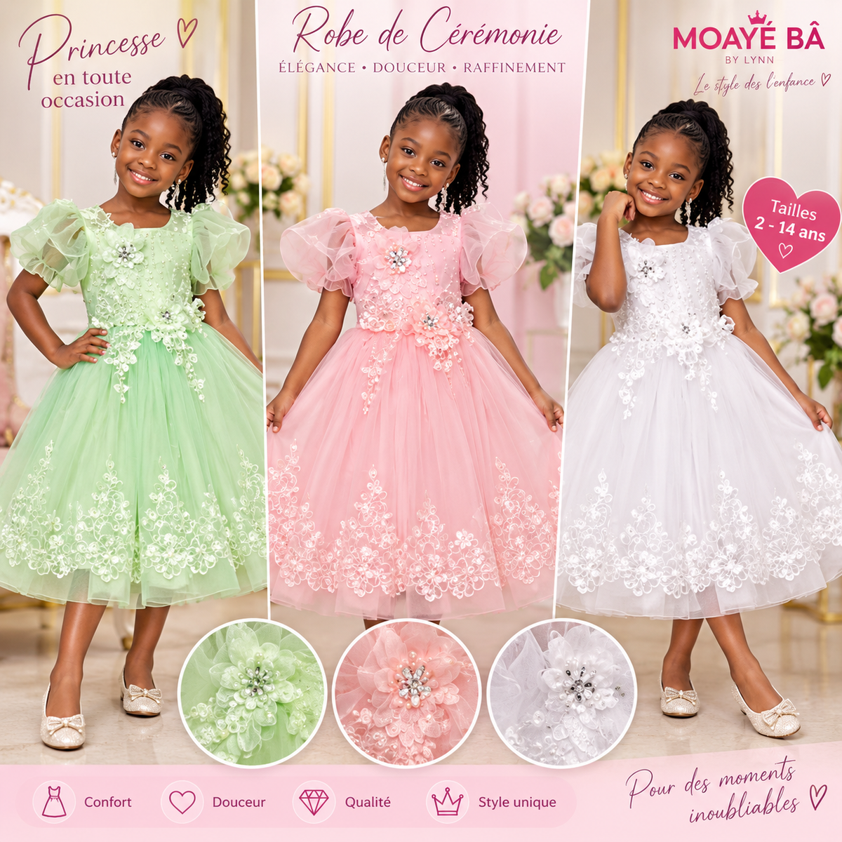 Robe de cérémonie pour fille avec manches bouffantes et détails floraux, présentée en vert menthe, rose et blanc, tailles 2 à 14 ans