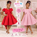 Deux filles portent une robe de cérémonie à manches bouffantes avec boléro, rouge et rose, modèle 82637
