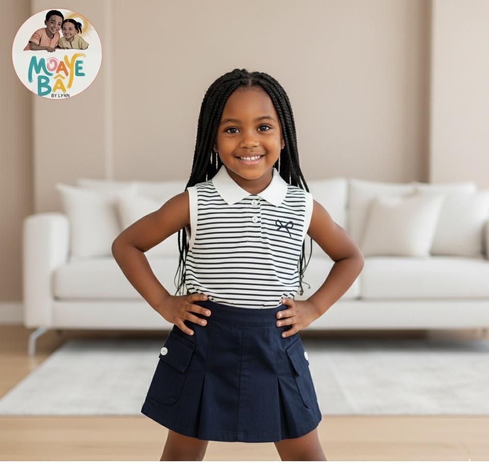 Ensemble 2 pièces Polo Rayé & Jupe Marine – Fille Promotion