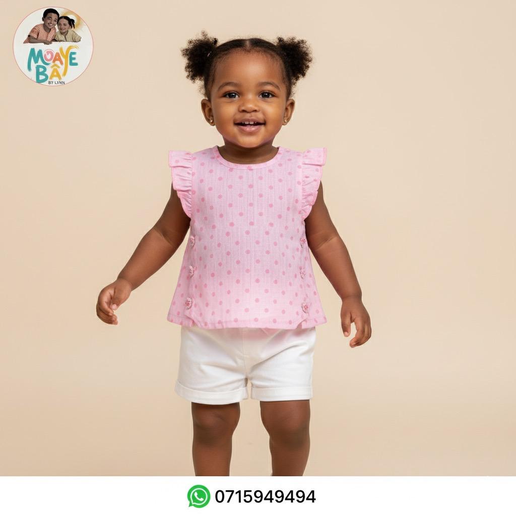 Ensemble 2 Pièces Bébé Fille – Top à Volants Pois & Short Blanc (Promotion)