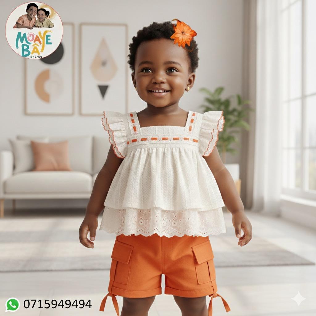 Ensemble 2 pièces Broderie Anglaise – Top volants & Short cargo Bébé Fille (Promotion)