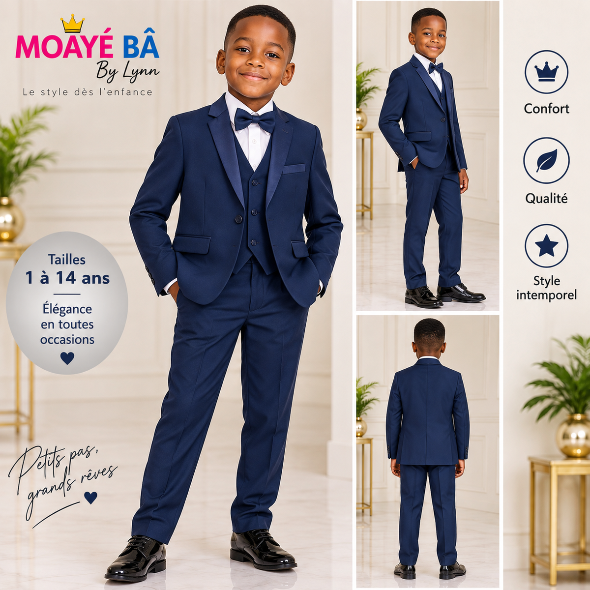 Costume 3 pièces garçon bleu marine avec nœud papillon - Référence A17
