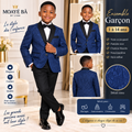 Ensemble garçon MOAYÉ BÂ by Lynn : veste en jacquard bleu à revers noir, pantalon noir, chemise blanche et nœud papillon, pour enfants de 1 à 14 ans