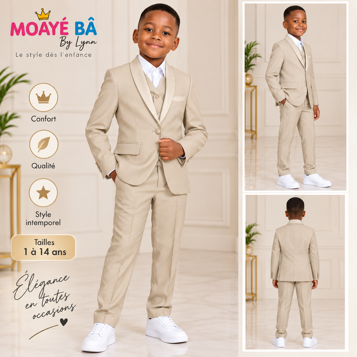 Garçon portant un costume trois pièces beige avec veste, gilet et pantalon, référence A8 51