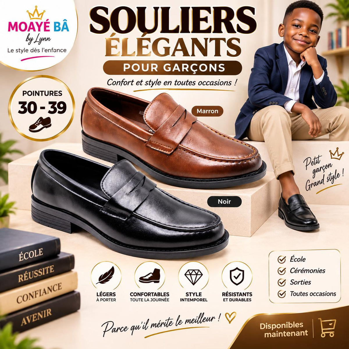 Mocassins élégants pour garçon AH553 en noir et marron, pointures 30 à 39