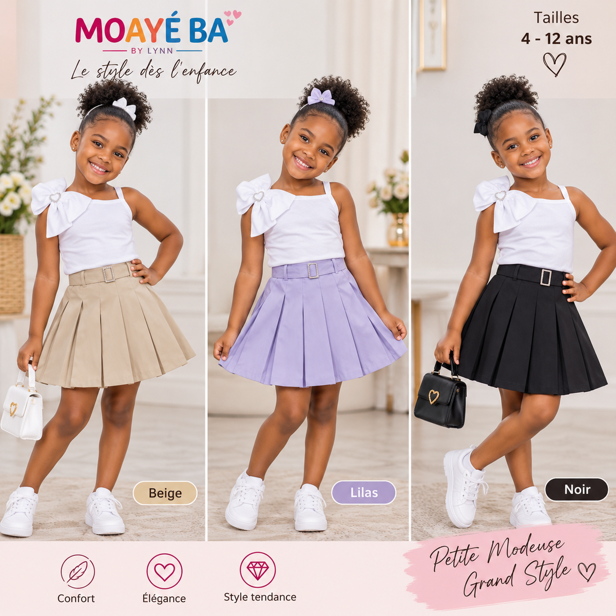 Ensemble fille haut à nœud et jupe plissée, 4–12 ans – BS 0871