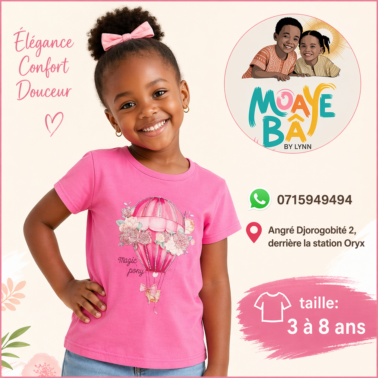 T-shirt Fille Magic Pony - Montgolfière Rose 3 à 8 ans