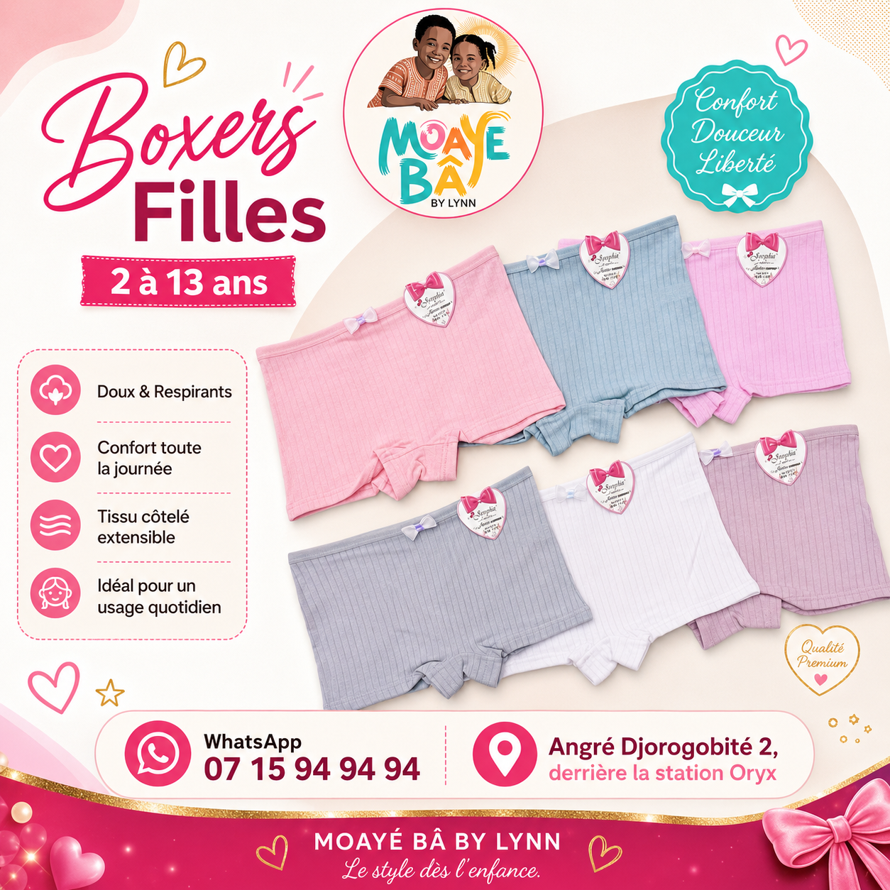 Boxers Filles – Tissu Côtelé  | 2 à 13 ans REF H121