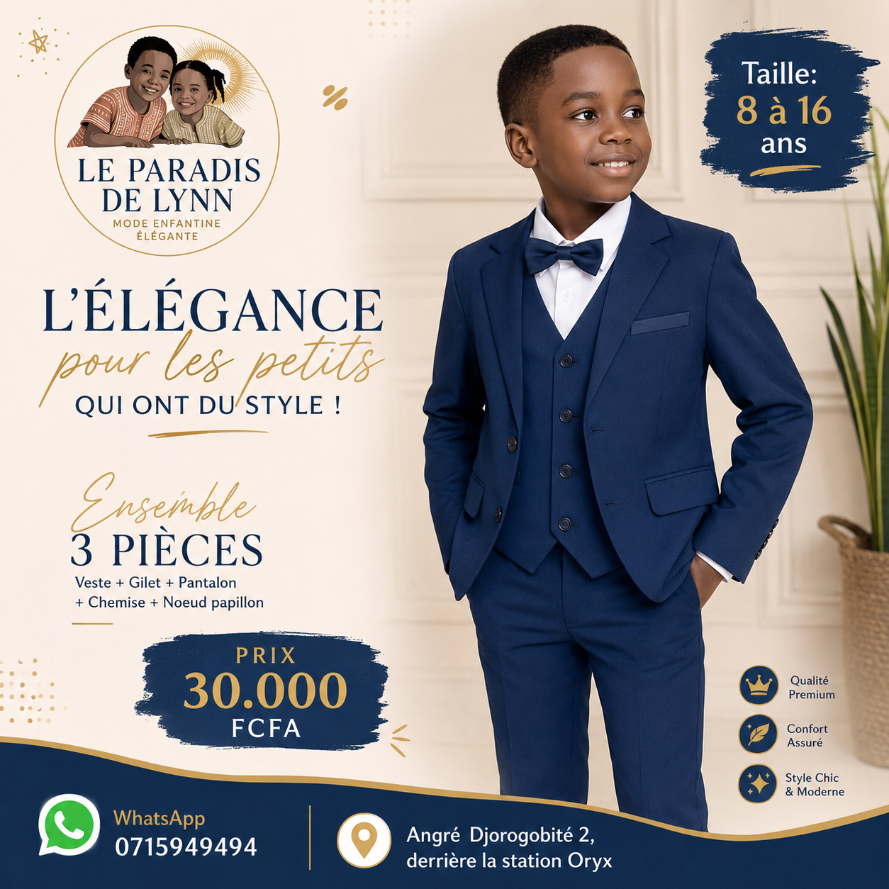 Costume Élégant Garçon 3 Pièces – Bleu Marine | 1 à 14 ans