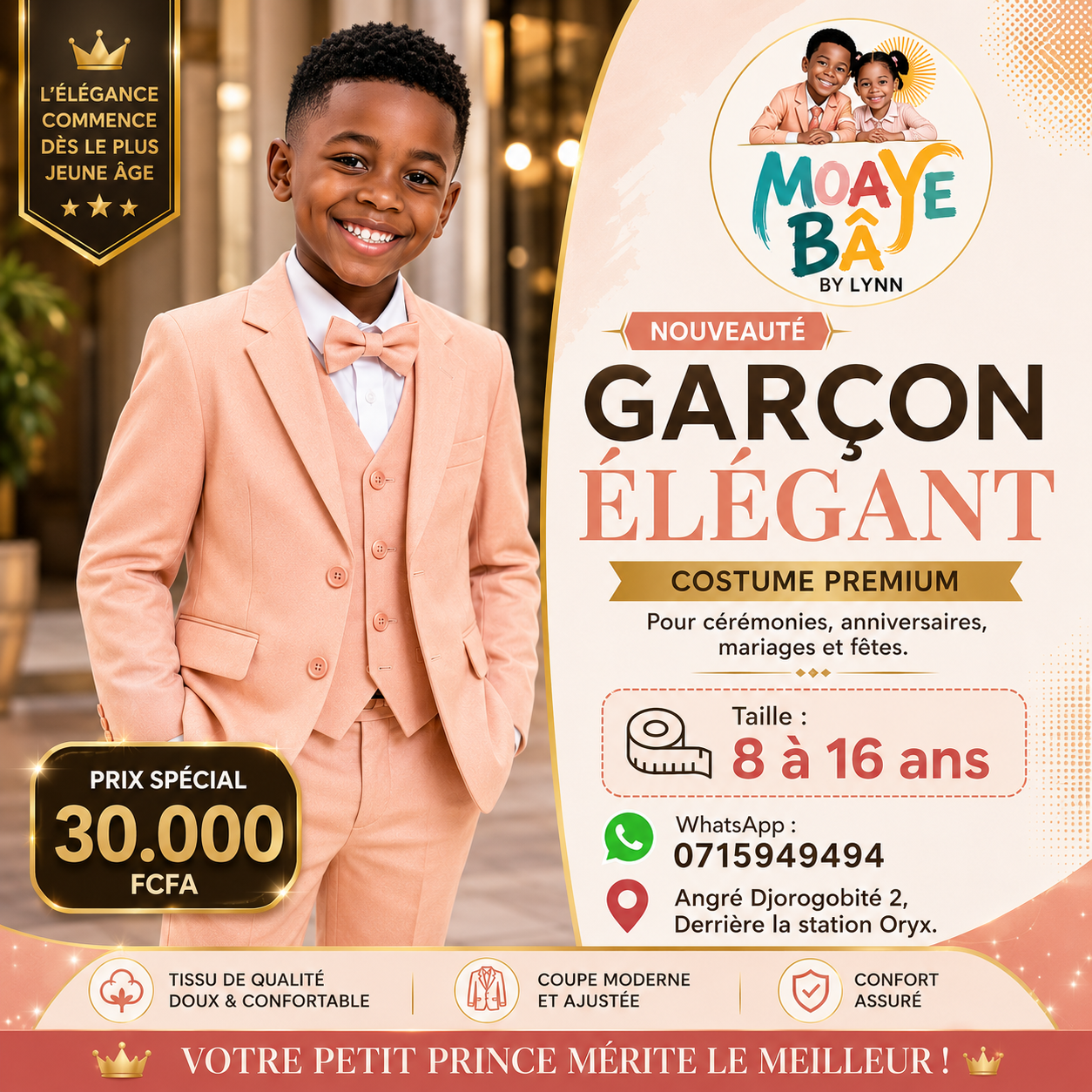 Costume Garçon Élégant 3 Pièces – Cérémonie & Fête | MOAYÉ BÂ by Lynn