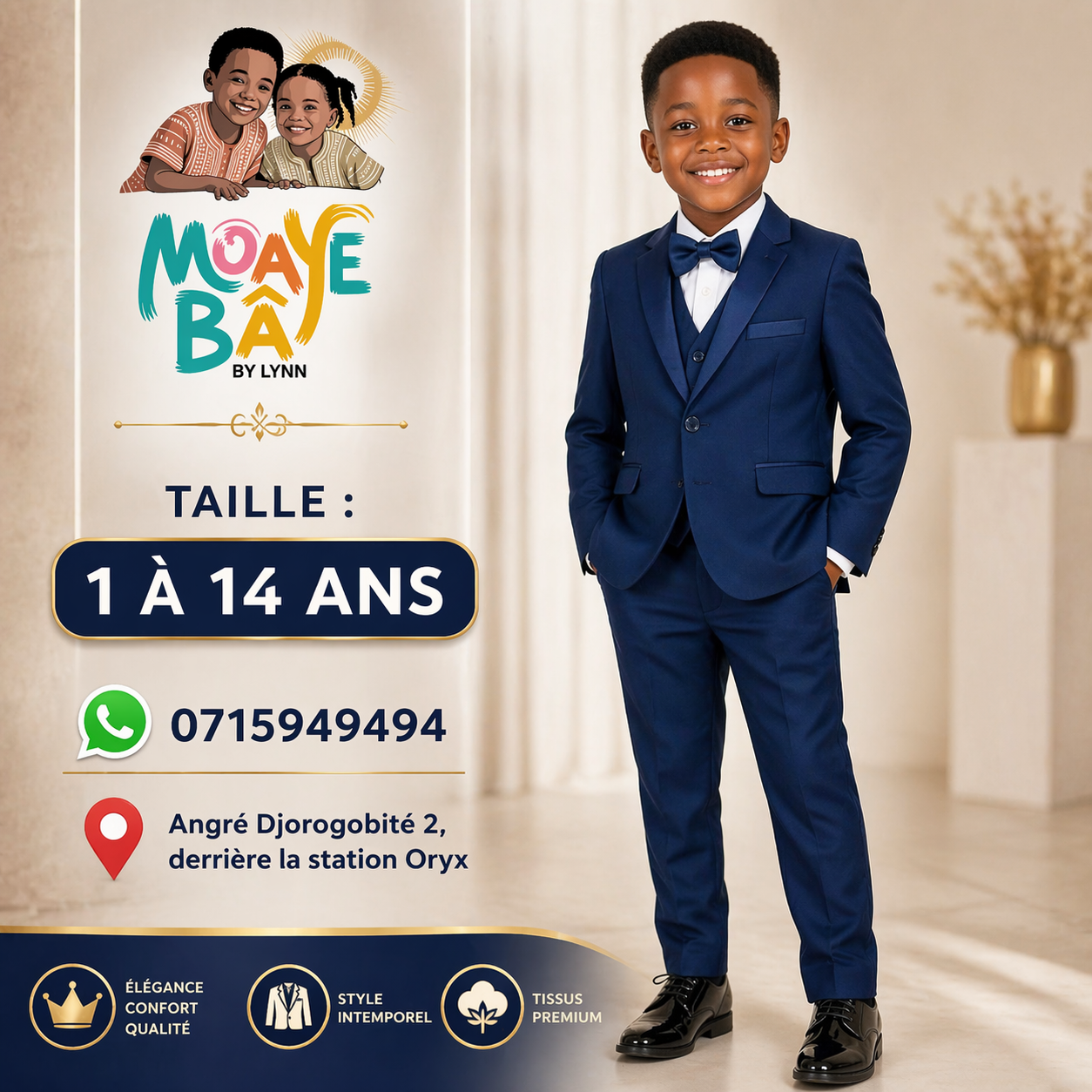 Costume Élégant Garçon 3 Pièces – Bleu Marine | 1 à 14 ans