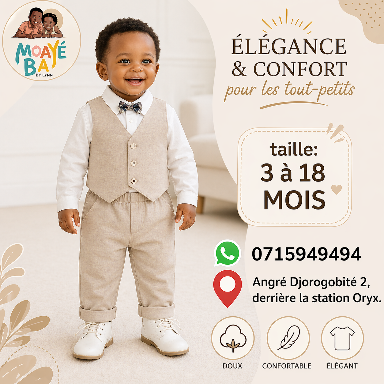 Costume Élégant Bébé Garçon – Gilet, Chemise & Pantalon | 3 à 18 Mois