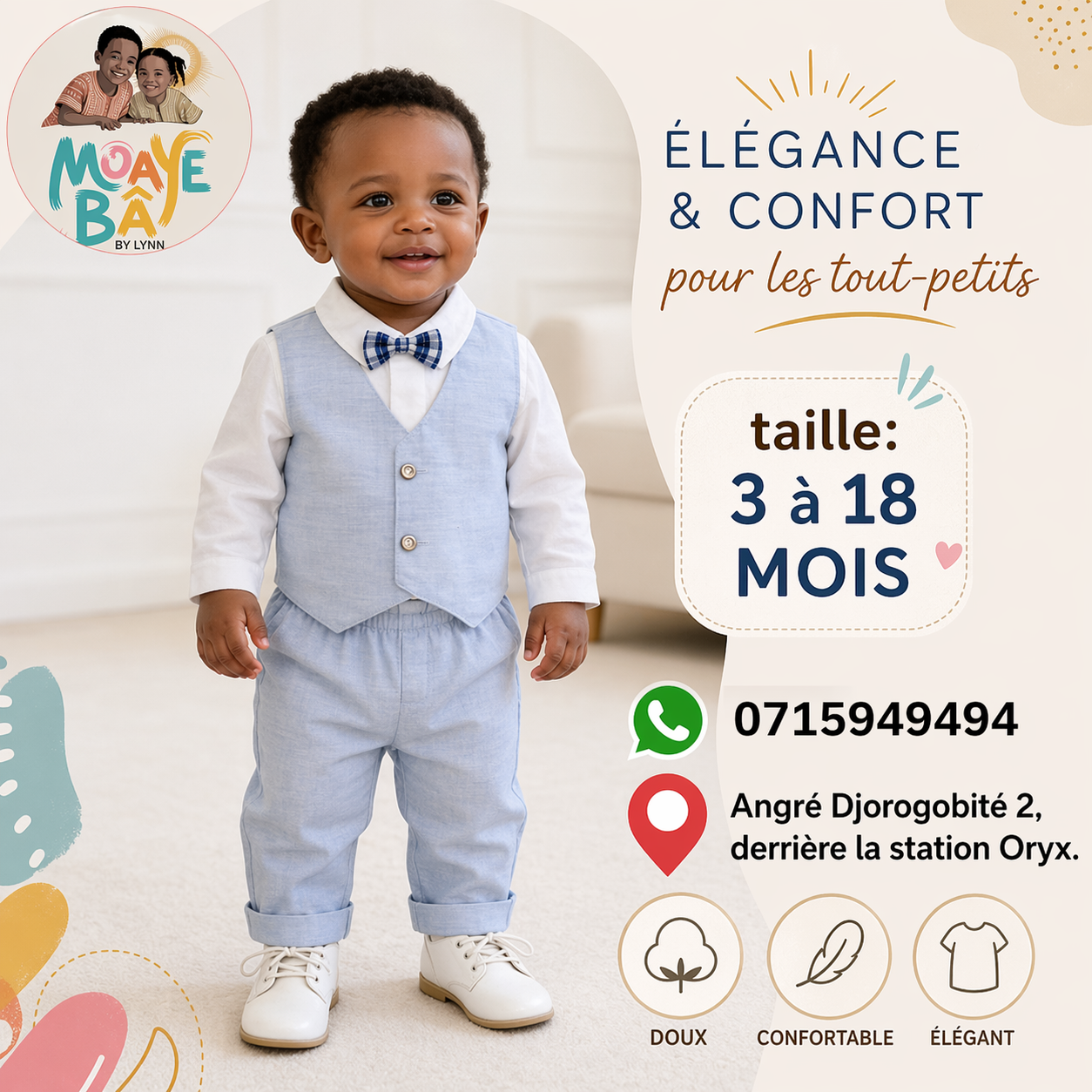 Costume Élégant Bébé Garçon – Gilet, Chemise & Pantalon | 3 à 18 Mois