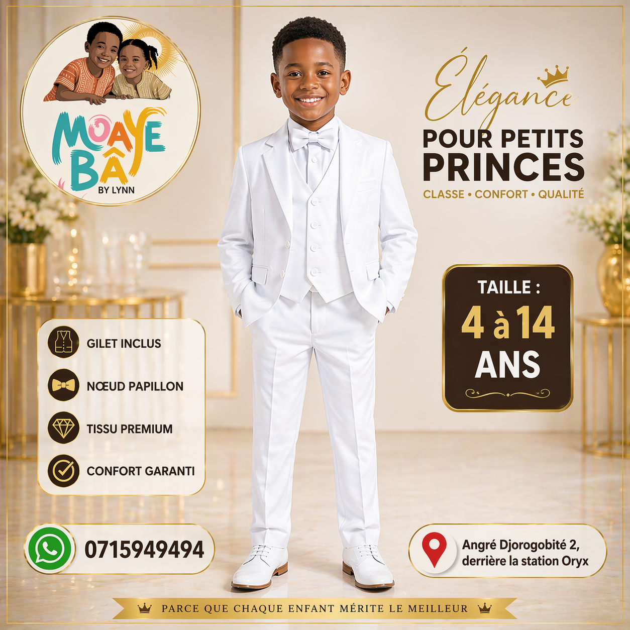 Costume Blanc Élégant Garçon – Veste + Gilet + Pantalon + Nœud Papillon