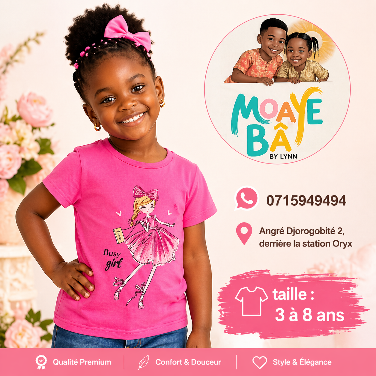 T-shirt Busy Girl Rose 3 à 8 ans