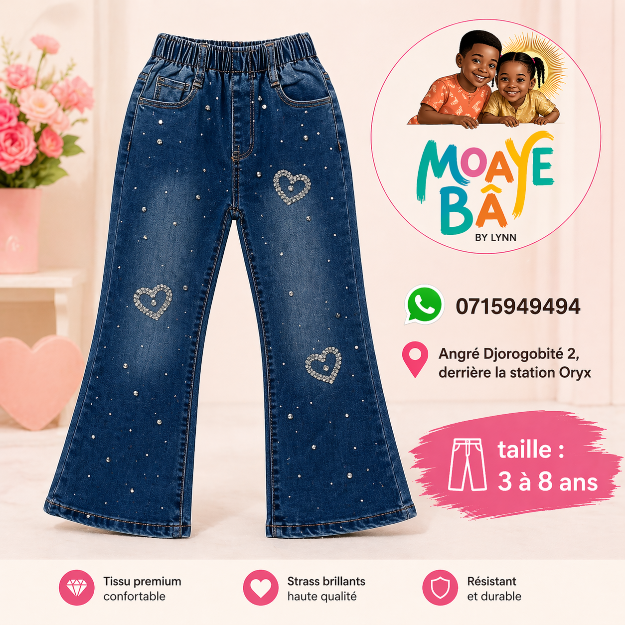 Jean Évasé Cœurs Strass Fille 3 à 8 ans