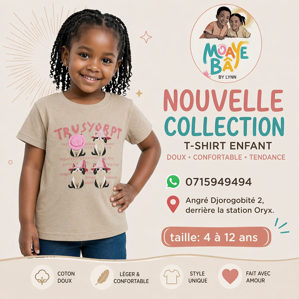 T-shirt Chats Roses Mignons 4 à 12 ans