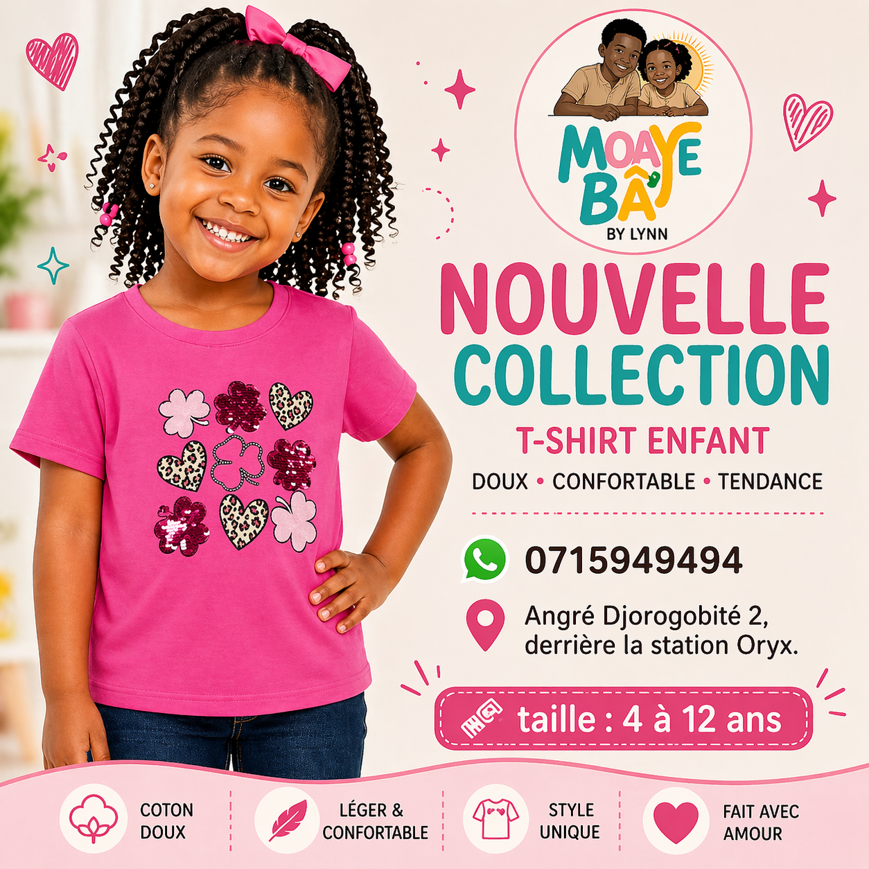 T-shirt Enfant Cœurs et Trèfles Paillettes