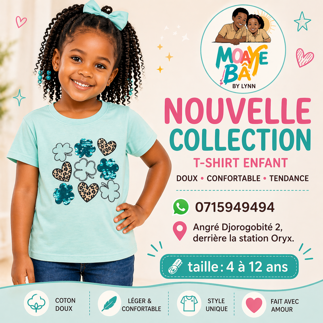 T-shirt Enfant Cœurs et Trèfles Paillettes