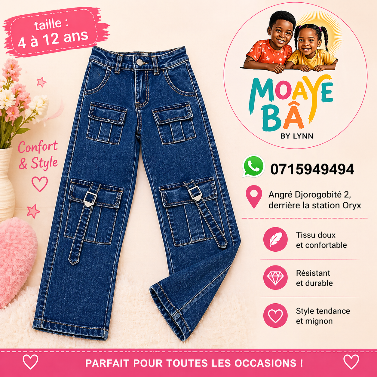 Pantalon Cargo en Denim avec Poches Multiples