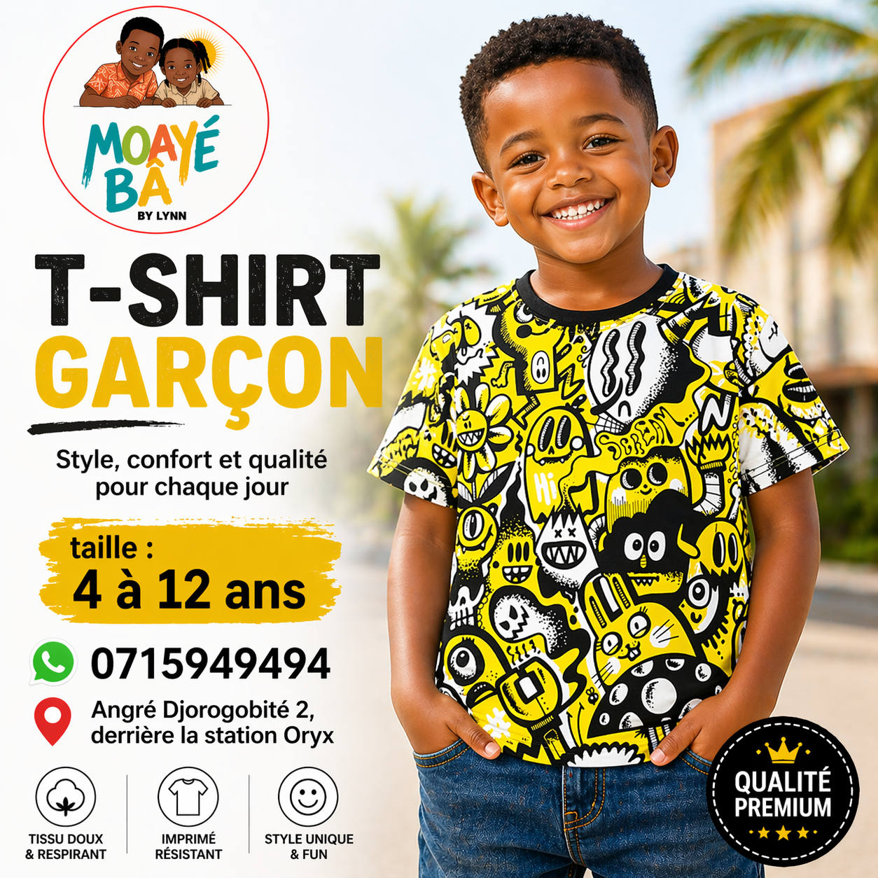 T-shirt Garçon Graphique Monstre Jaune